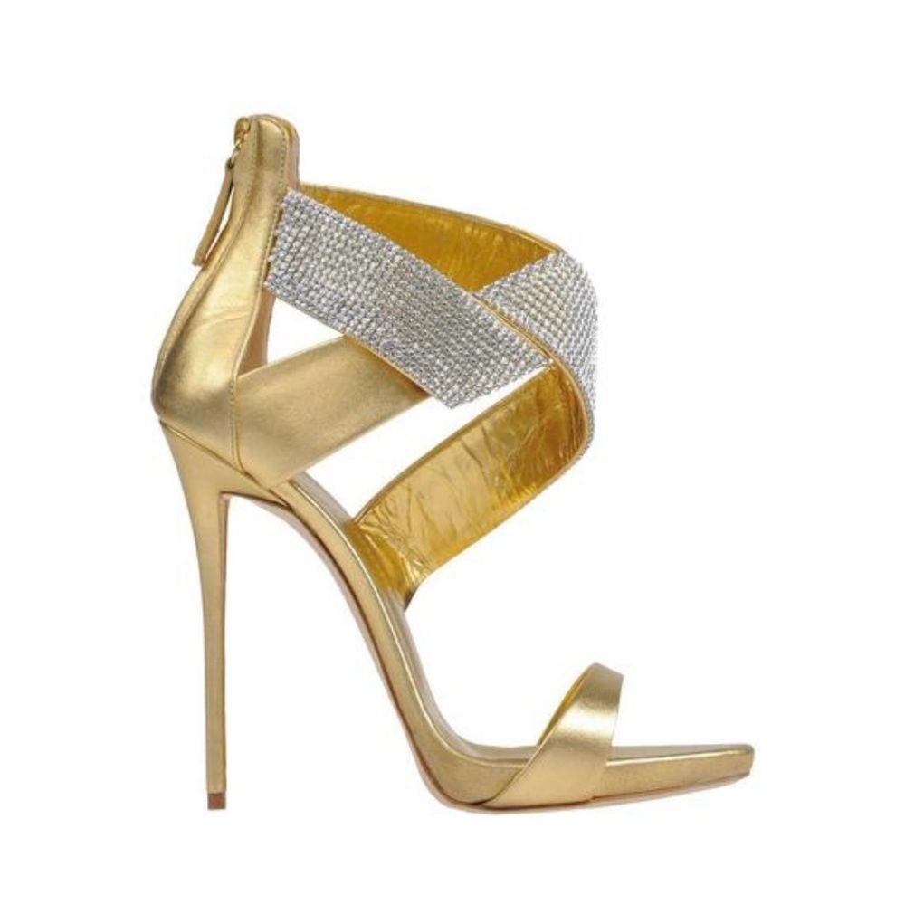 Giuseppe Zanotti Gold Leather Crystal Evening Heels Size 37 - Picture 3 of 10
